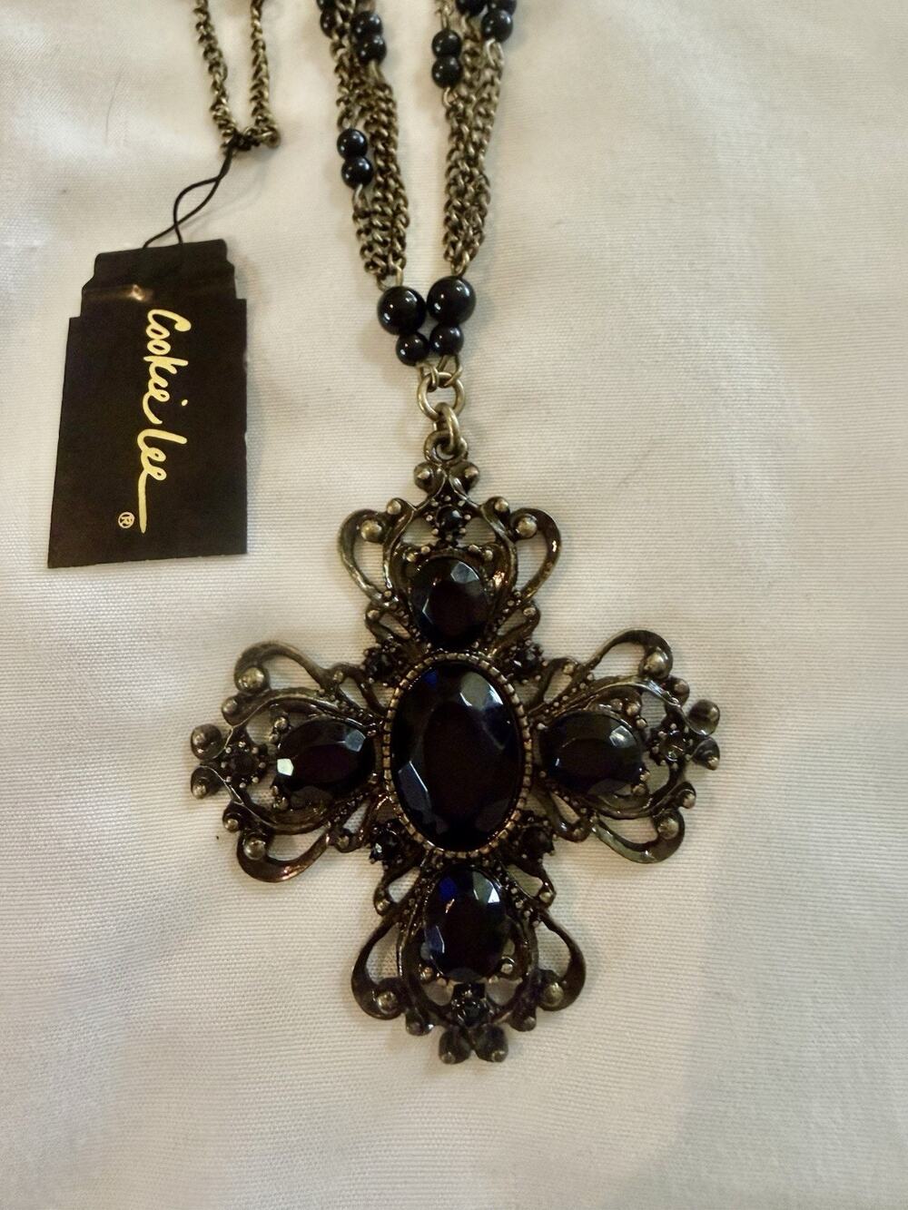 Cookie Lee Black Cross Necklace With Black Beaded Chain